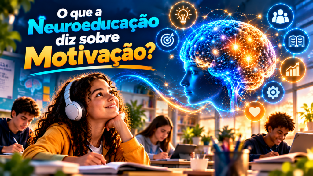 Estudante sonhadora com fones de ouvido ao lado de um cérebro luminoso, ilustrando o que a neuroeducação diz sobre motivação