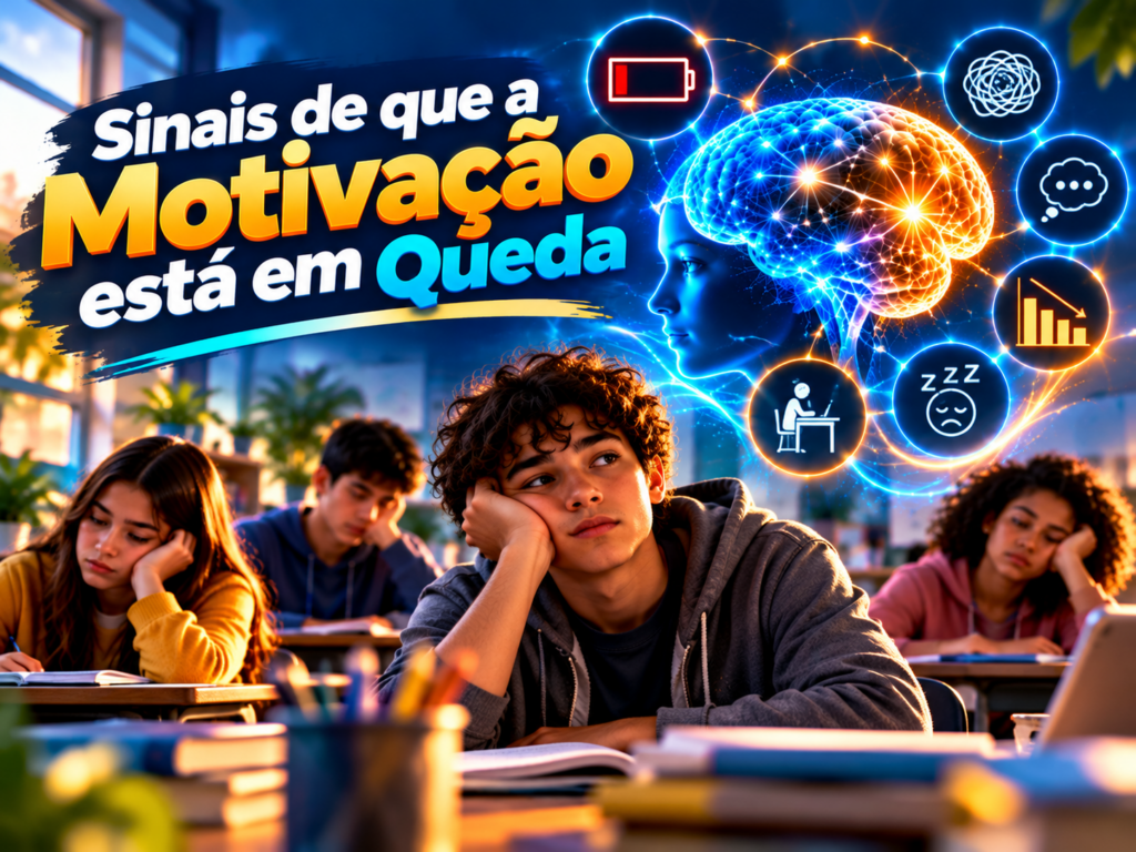 Estudantes cansados e desanimados em sala de aula, com ícones de bateria baixa e sono, ilustrando sinais de que a motivação está em queda